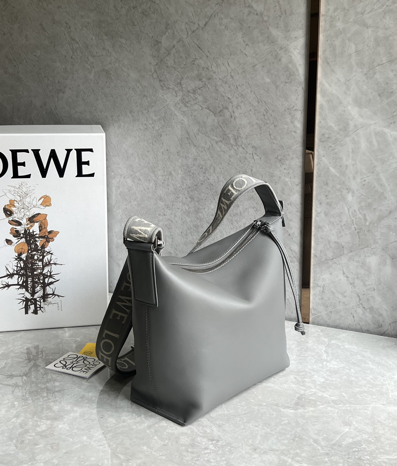 Loewe Small Cubi Crossbody Bag in Supple Smooth Calfskin and Jacquard Asphalt Grey